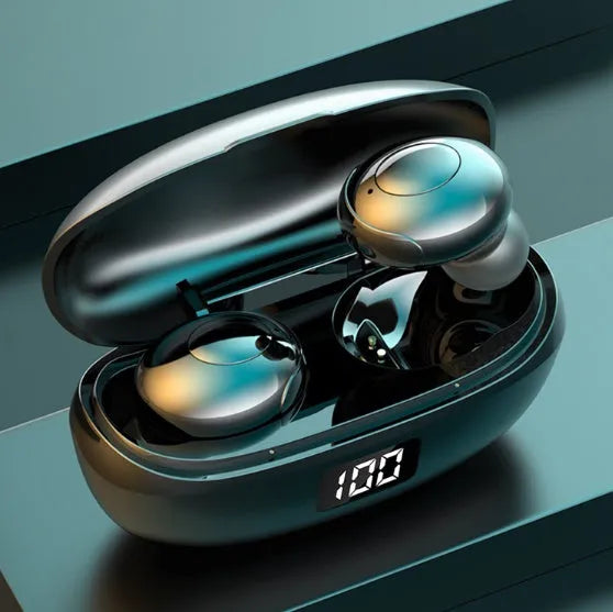 Black and white wireless Bluetooth in-ear headphones with a USB Type-C charging case
