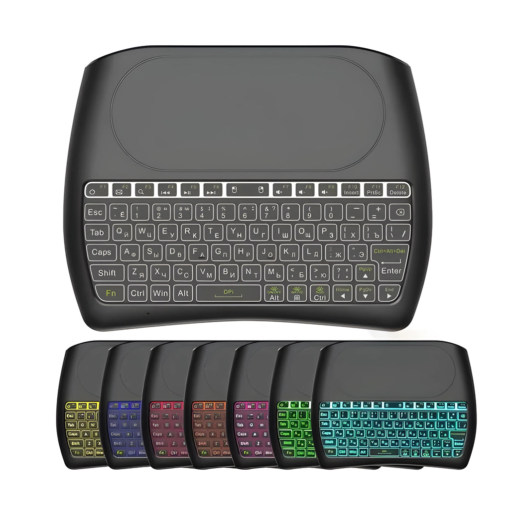 Black D8 Pro 78-key mini wireless keyboard with integrated touchpad and USB adapter.
