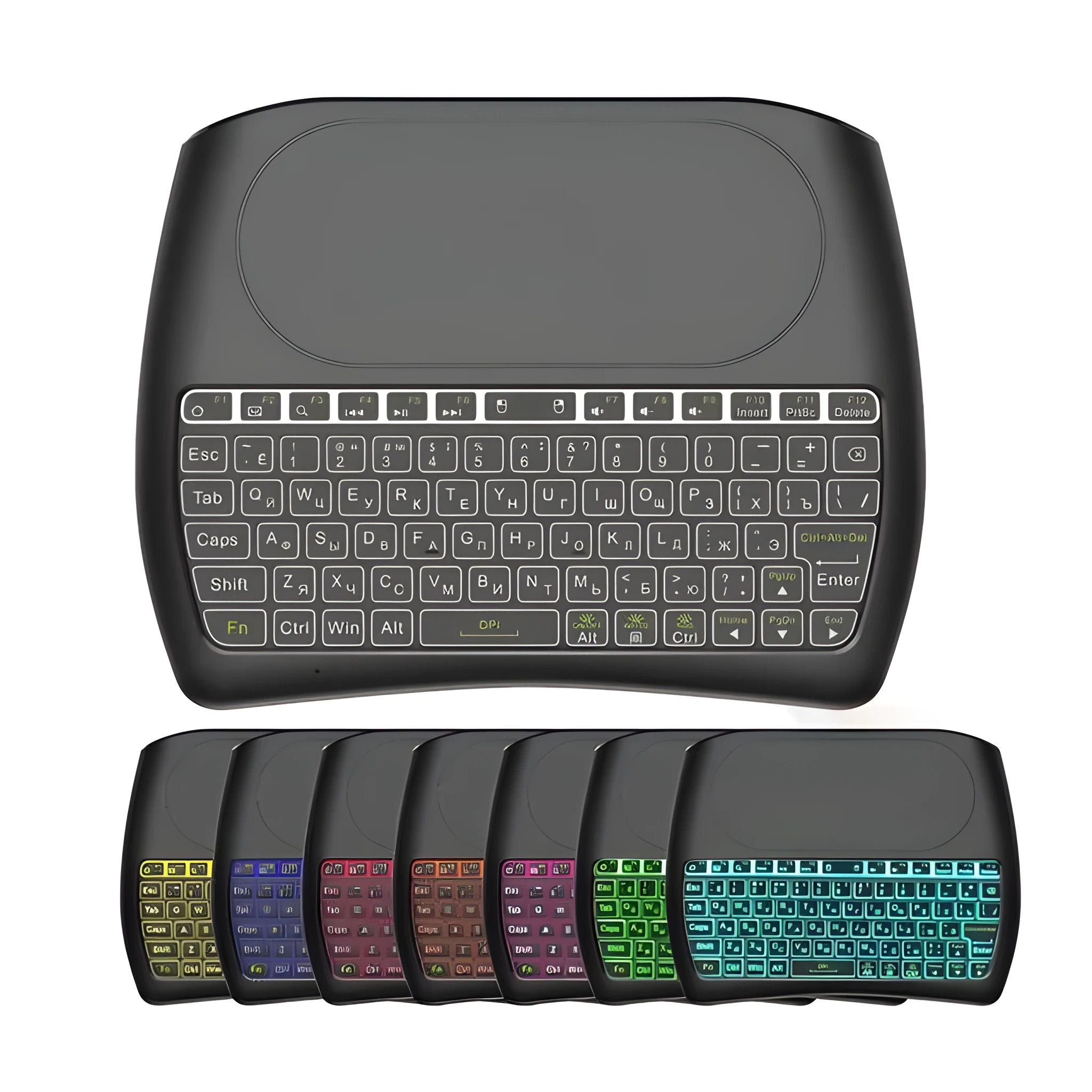 Black D8 Pro 78-key mini wireless keyboard with integrated touchpad and USB adapter.