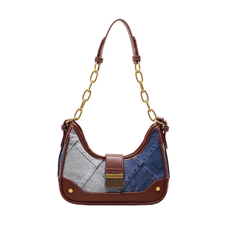 Brown denim women's shoulder bag with diamond mesh detail and bucket design