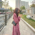 Red cotton floral pattern dress with princess sleeves and elastic high waist