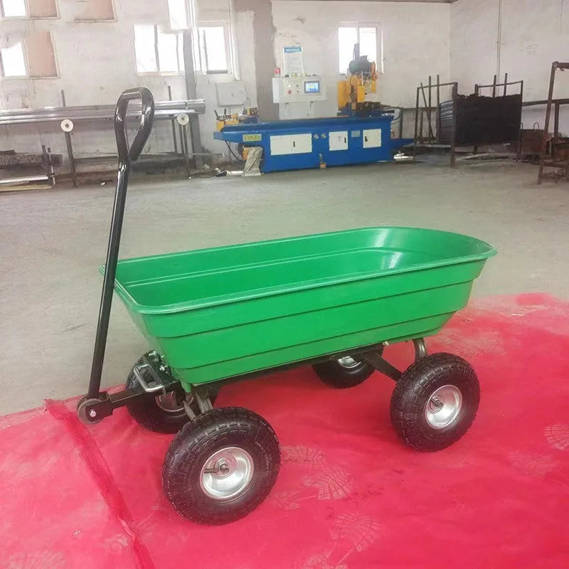 Green four-wheel plastic dump truck with a steel PP body, model TC2145.