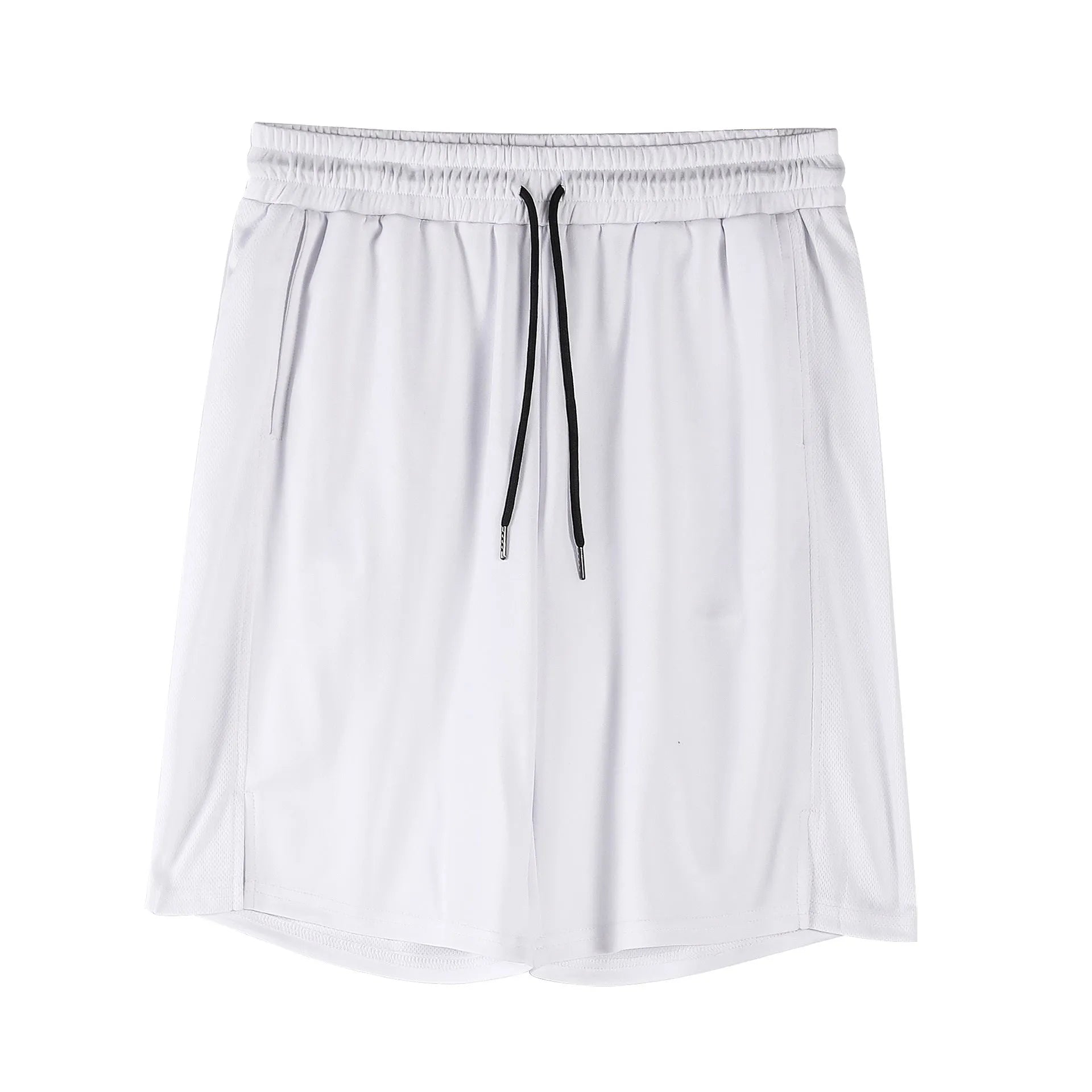 Man wearing loose black quick-dry polyester fitness shorts with an elastic waistband.