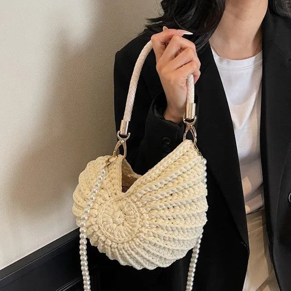 Handmade woven women's shoulder bag in retro style with cloth exterior and open pocket