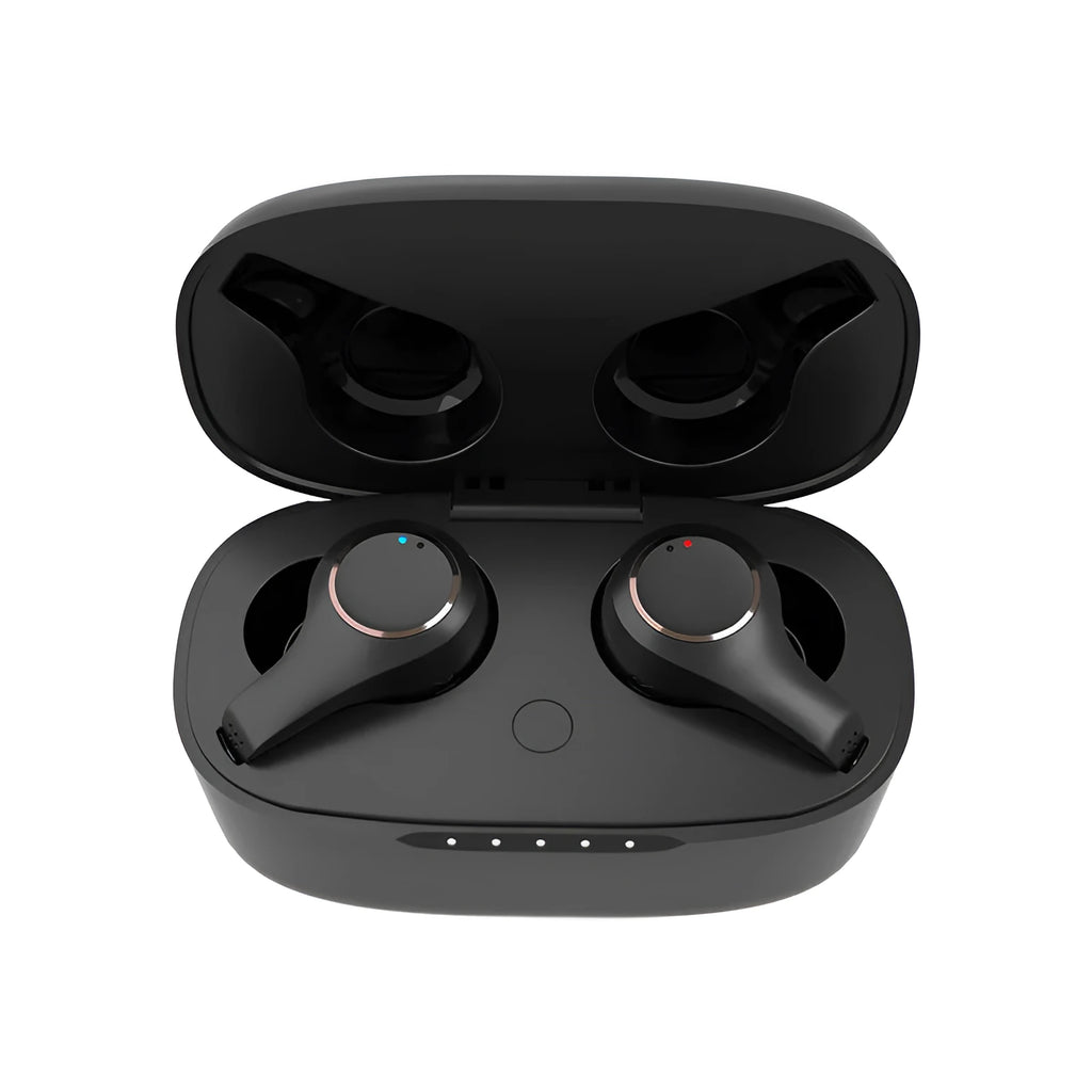 Black and white ANC active noise cancelling Bluetooth headphones with earplug design