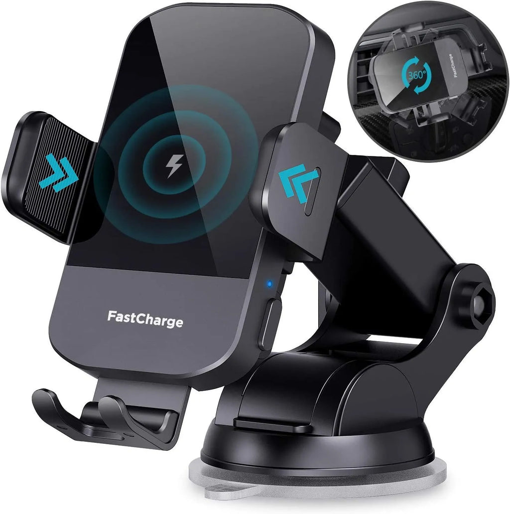 Black bare metal car wireless charging stand with 15W fast charging, shown with dashboard tripod and air vent clip mounting styles.