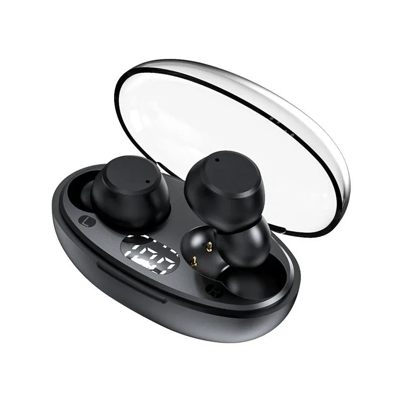 T62 wireless Bluetooth earbuds in black with digital display on charging case