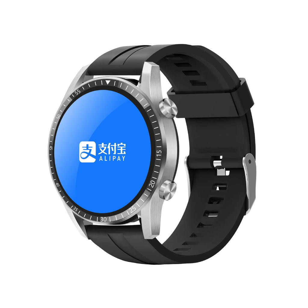 Round smartwatch with aluminium case on wrist, showing TFT touch screen displaying time and heart rate.