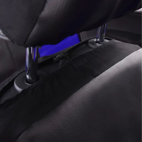 Artificial leather car seat cover set in black showing front seat and headrest pieces