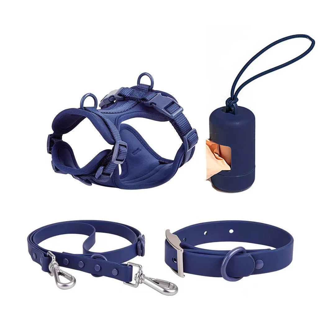 Waterproof PVC dog tactical chest back set with anti-bite collar, traction rope, toilet bowl, and chest and back piece in ten colours