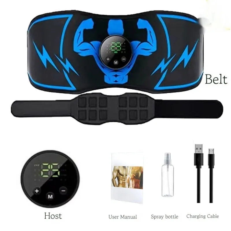 Blue EMS abdominal training belt with wireless remote control and arm stickers