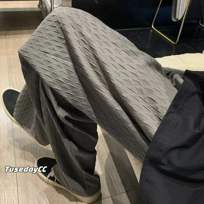 Men's jacquard rhombus draped straight pants with diamond pattern in gray, Korean style, non-iron finish