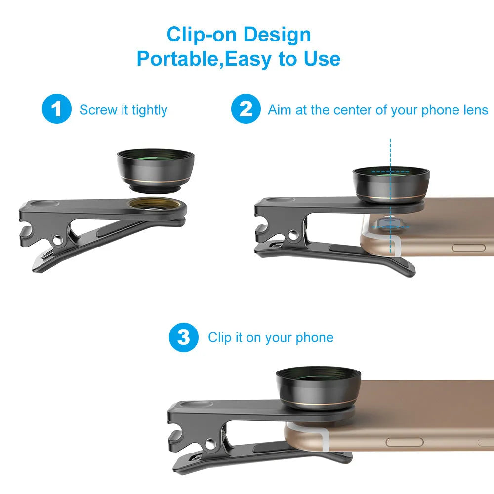 Black universal 6 in 1 smartphone camera lens kit showing fisheye, macro, wide-angle, telephoto, CPL and star filters with clip and case.