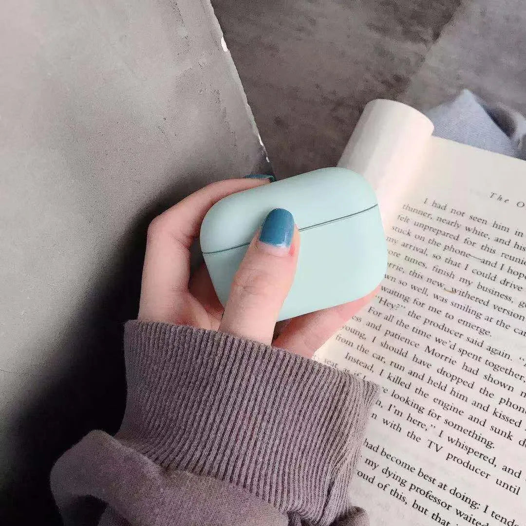Plastic protective case for AirPods Pro in multiple colour options including light blue and grass green.