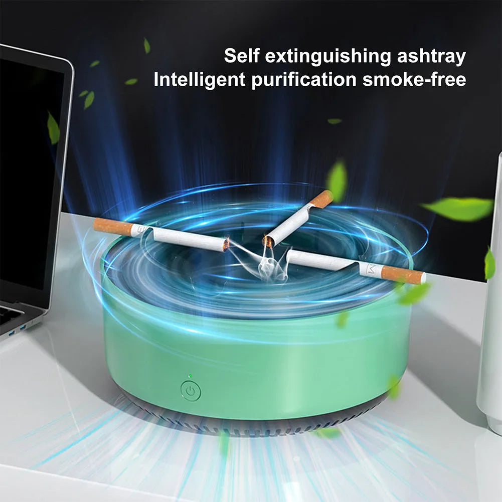 Grey electronic air purifier ashtray with cigarette butt grooves and purification system