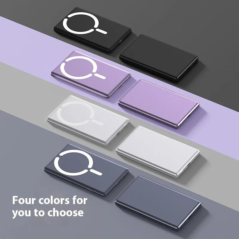 Ultra-thin dark grey magnetic power bank attached to iPhone showing 9mm thickness