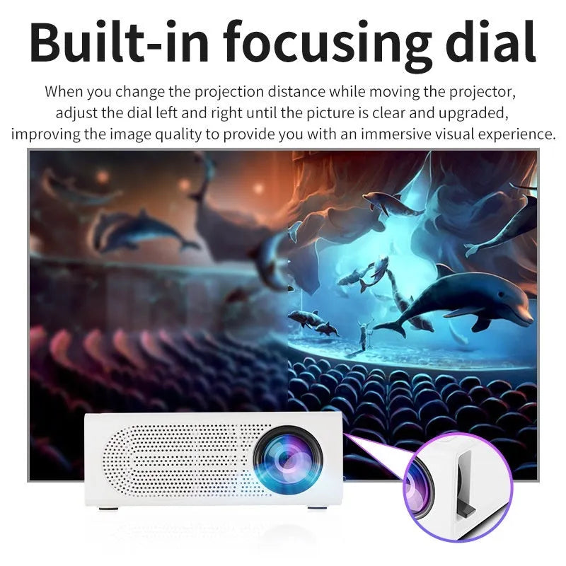 Black or white portable mini projector with wired mobile phone connection and multiple international power plug options
