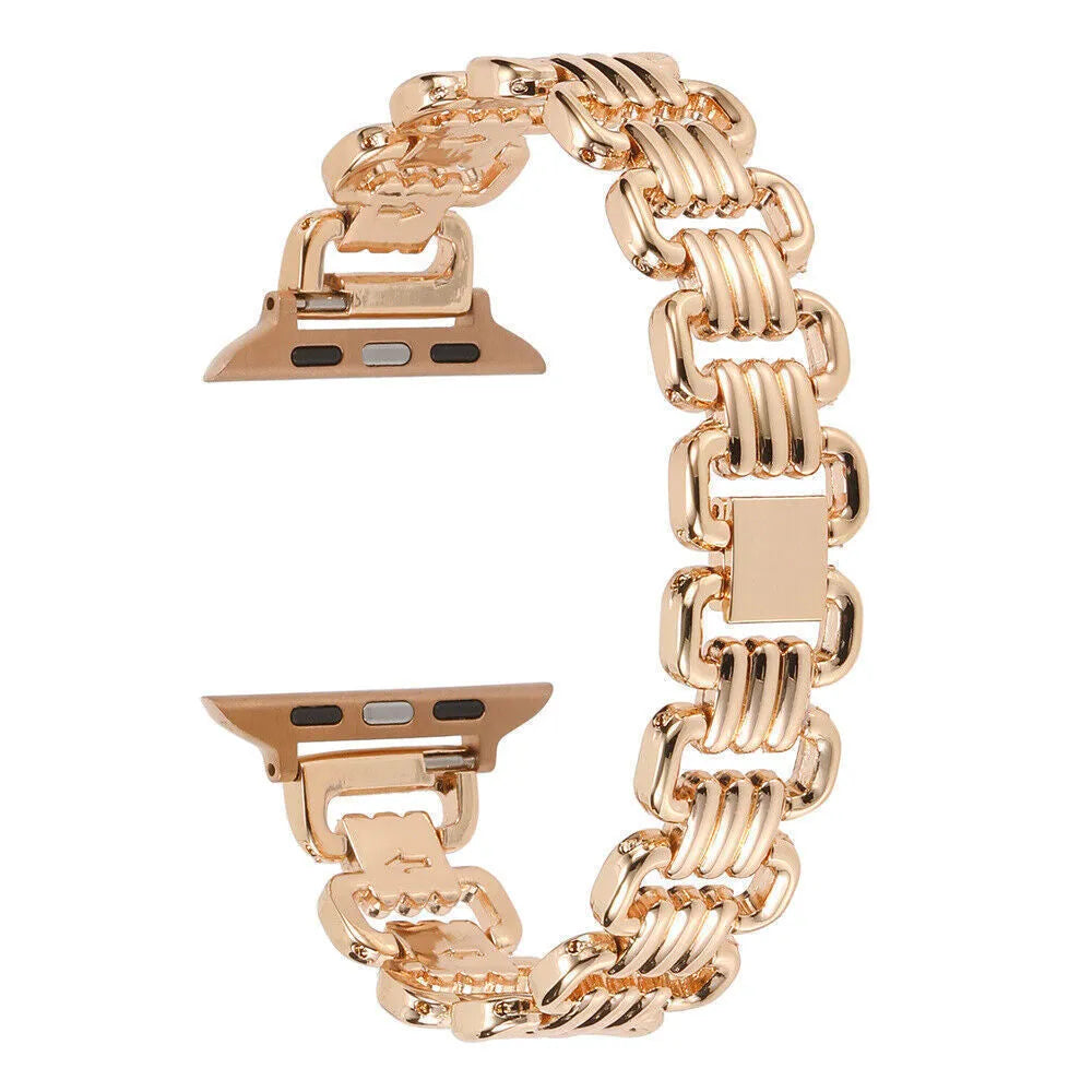 Alloy metal ladies watch bracelet for Apple Watch in various colours on a watch case