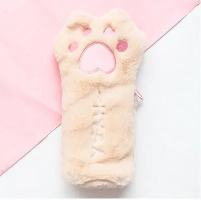 Plush cat's paw bag in beige with Korean-style design, measuring 23cm by 12.5cm