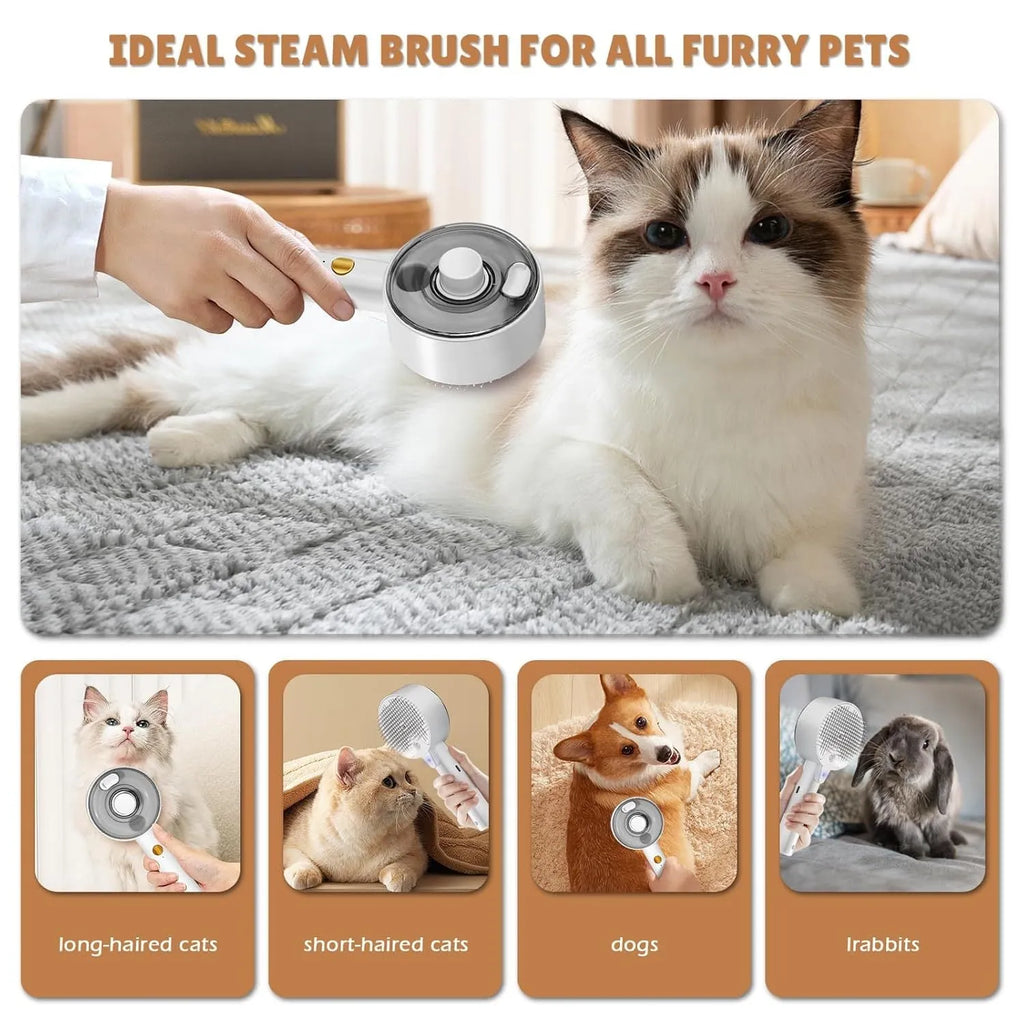 Pink and white cat steam brush with adjustable spray and rounded massage head for pet grooming