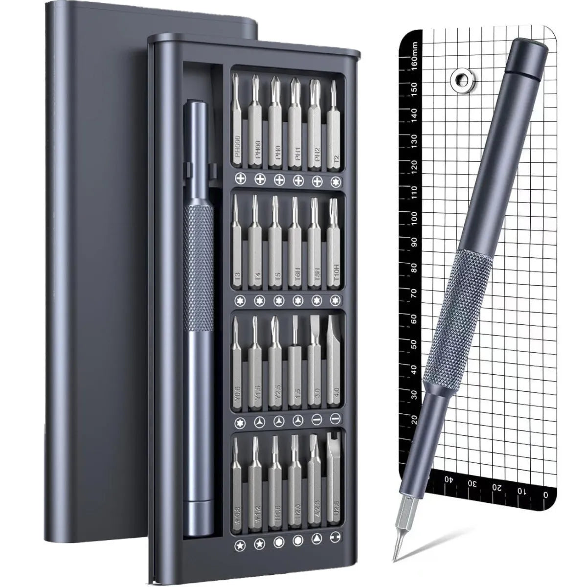 25-in-one magnetic screwdriver set with chrome vanadium steel bits and black ABS handle.