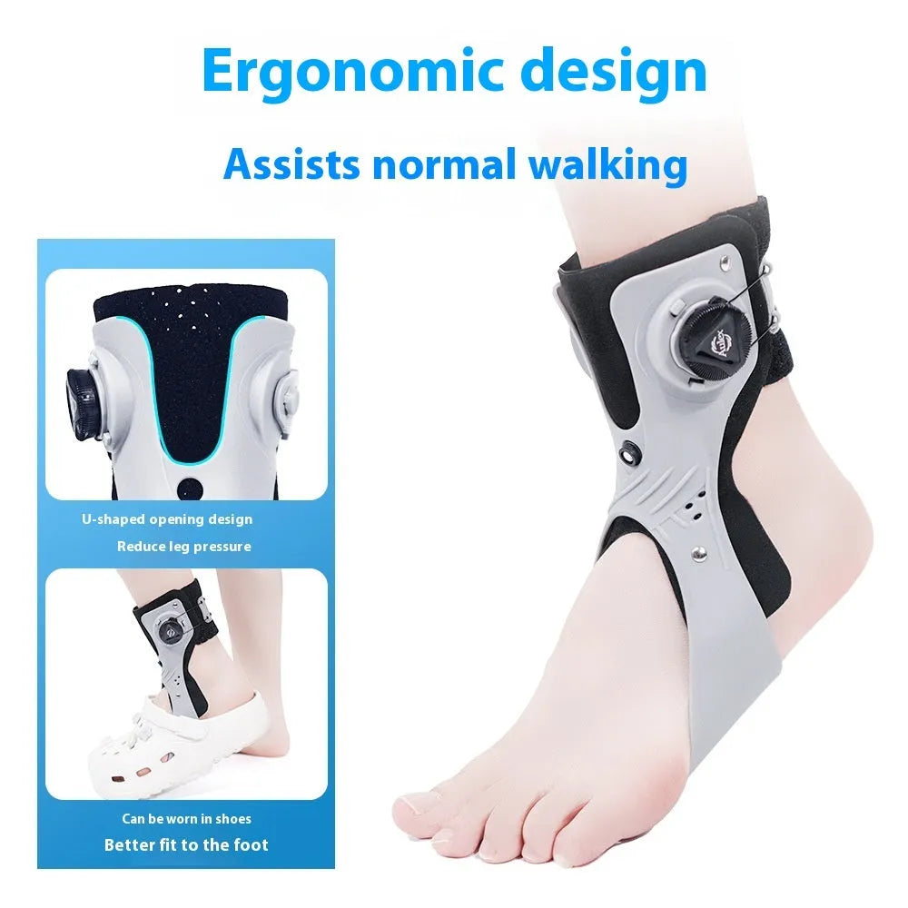 Adjustable airbag button ankle support brace shown in grey, with left and right foot sizing indicators.