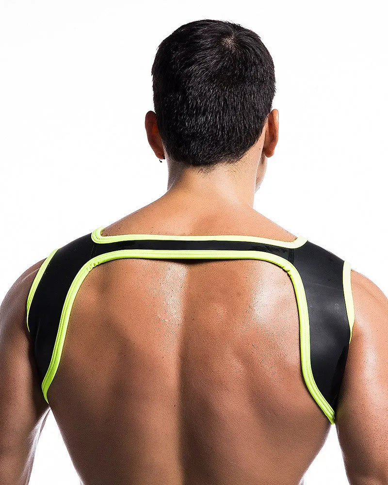 Men's fitness neoprene sports shoulder strap in black, shown on a person for athletic protection