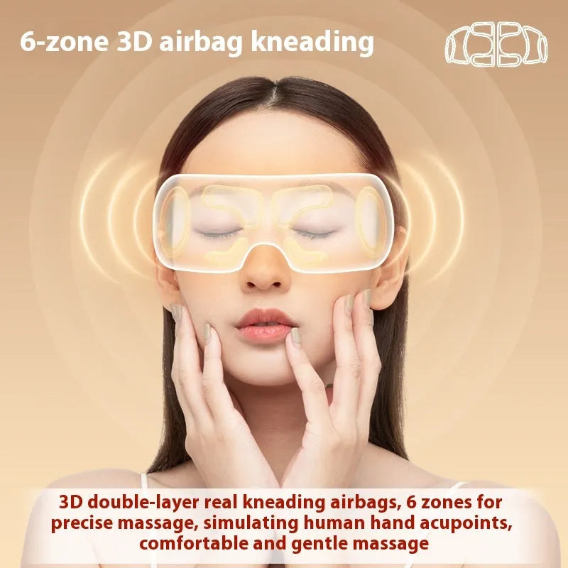 White rechargeable eye massager with hot compress and airbag massage functions showing dimensions 140mm x 52mm x 150mm