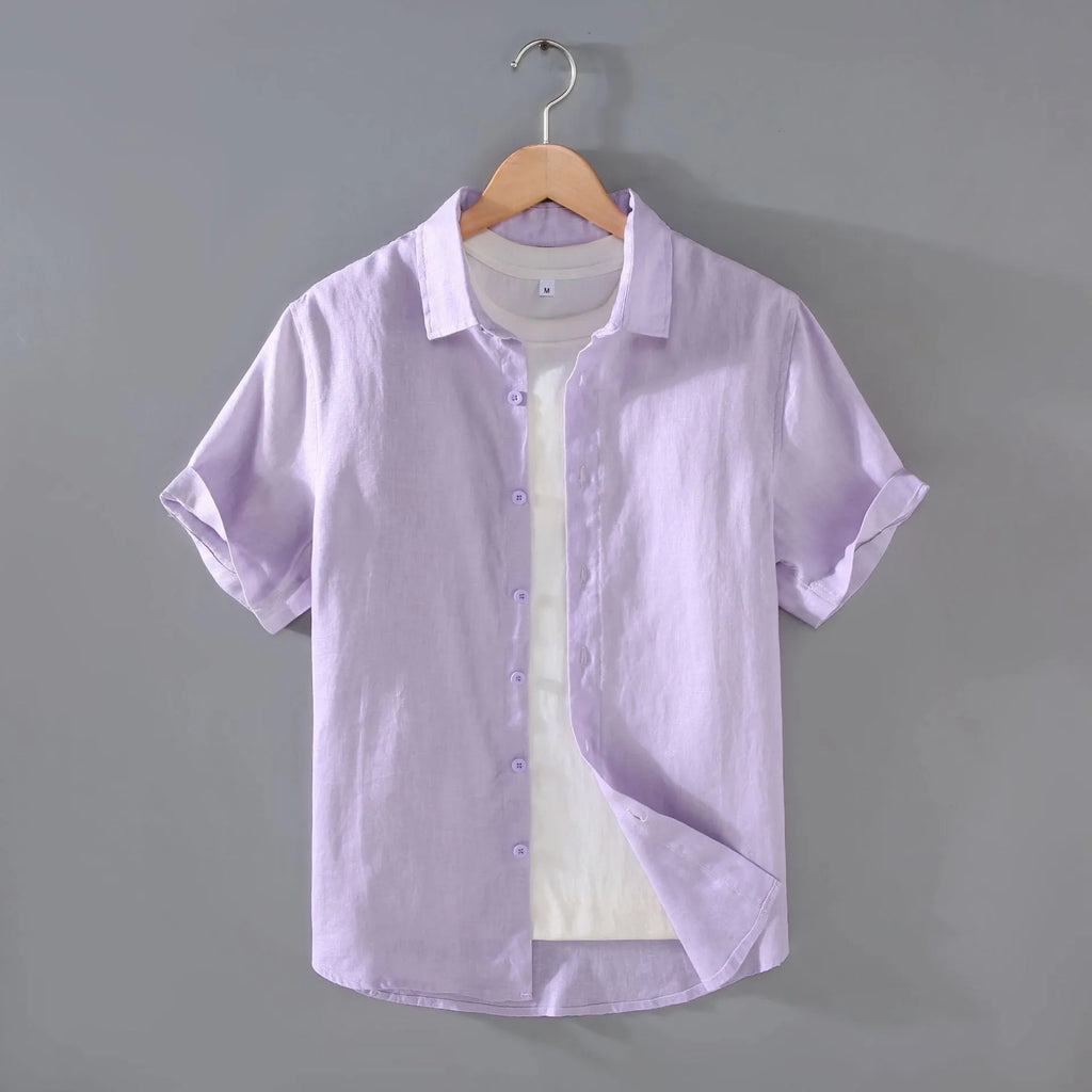Men's linen short-sleeved cardigan shirt in regular fit showing colour options and thin fabric texture