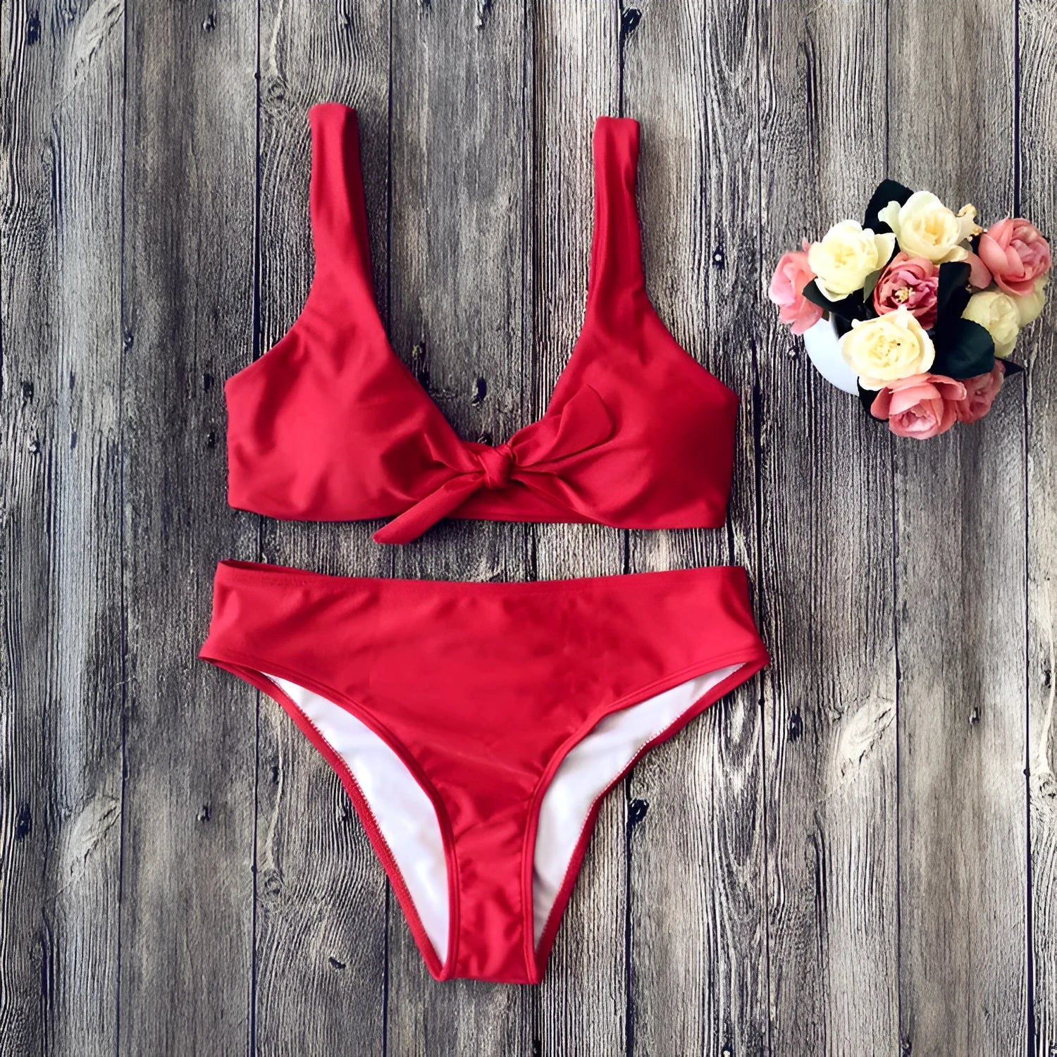Women's two-piece bikini set in solid colour with bra top and matching panties