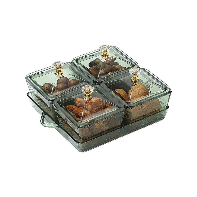 Plastic dried fruit snack tray with three, four or six grid compartments in amber or dark green