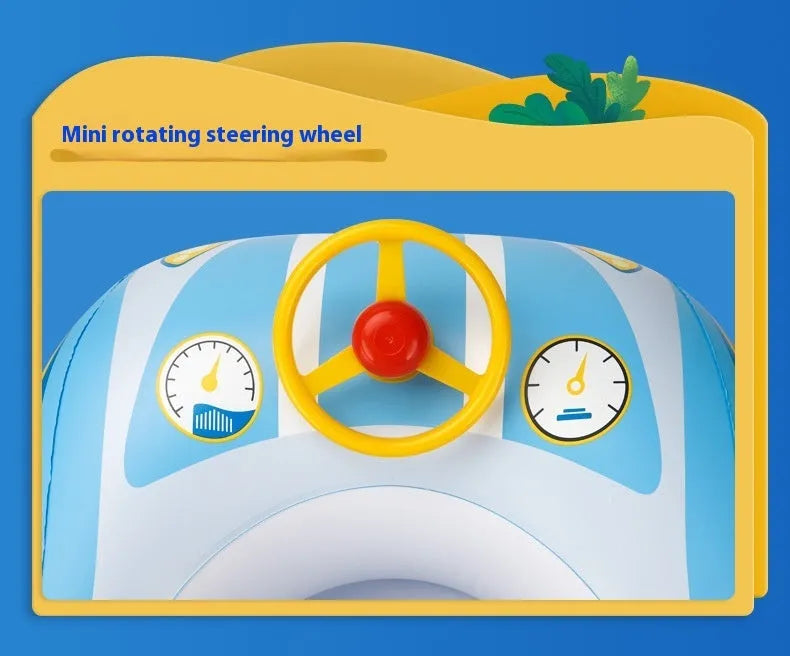Pink children's inflatable swimming ring with mini steering wheel and sports car boats pattern