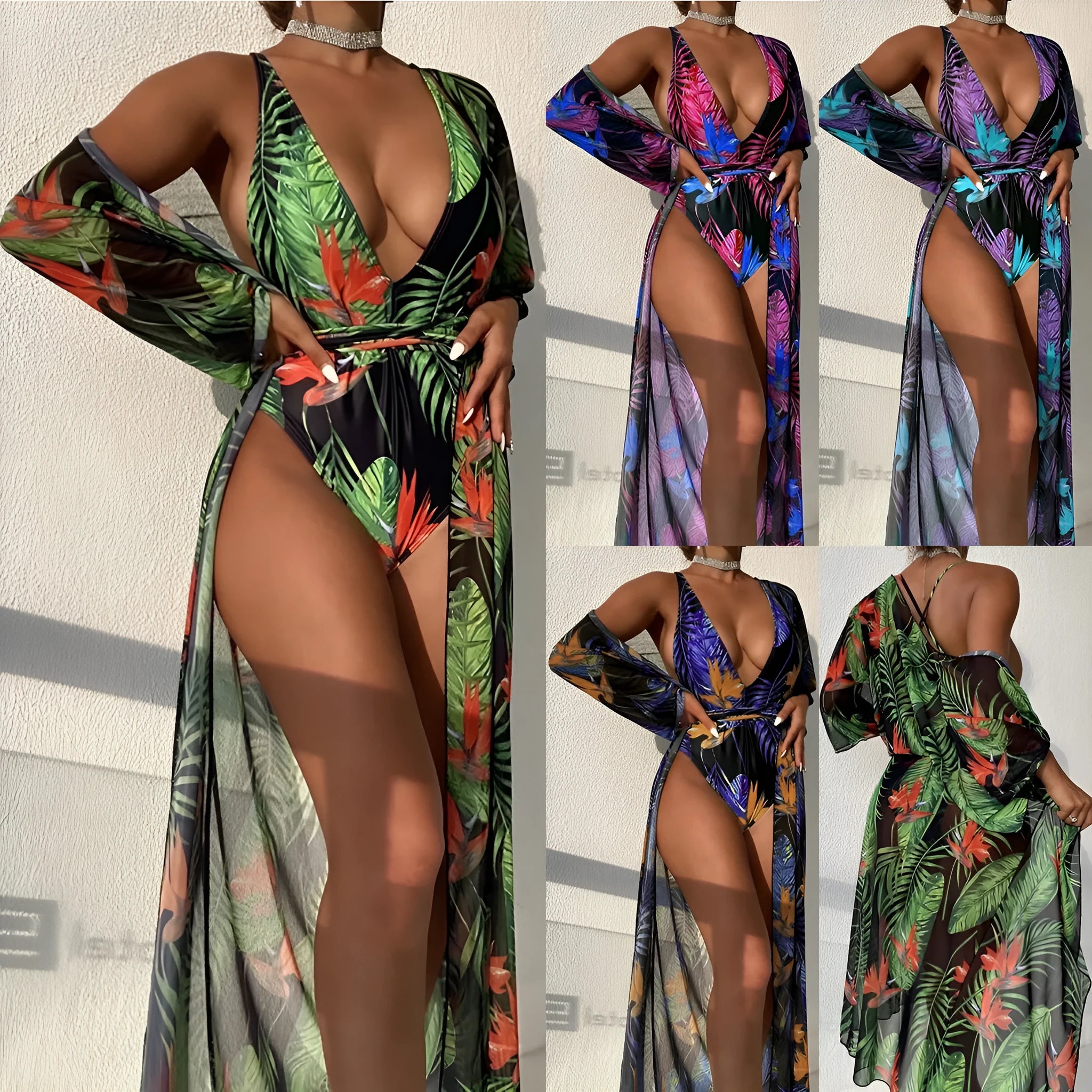 Women's polyester three-piece swimsuit bikini set with coat in a pattern design.