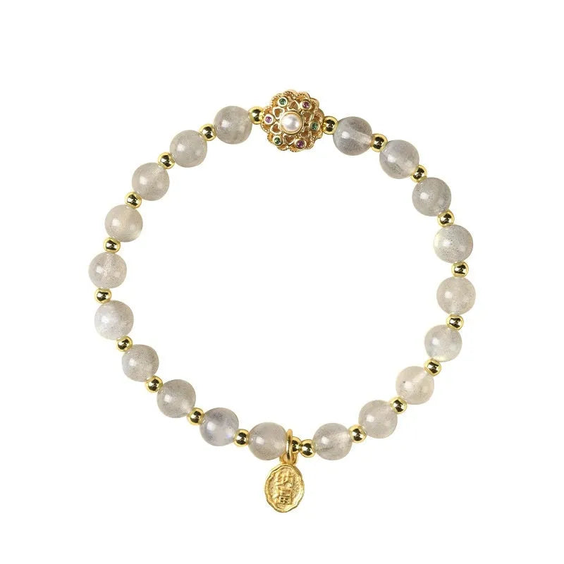 Hand-woven gray moonstone crystal bracelet with sunstone and strawberry quartz 6mm beads showing sun moon elements