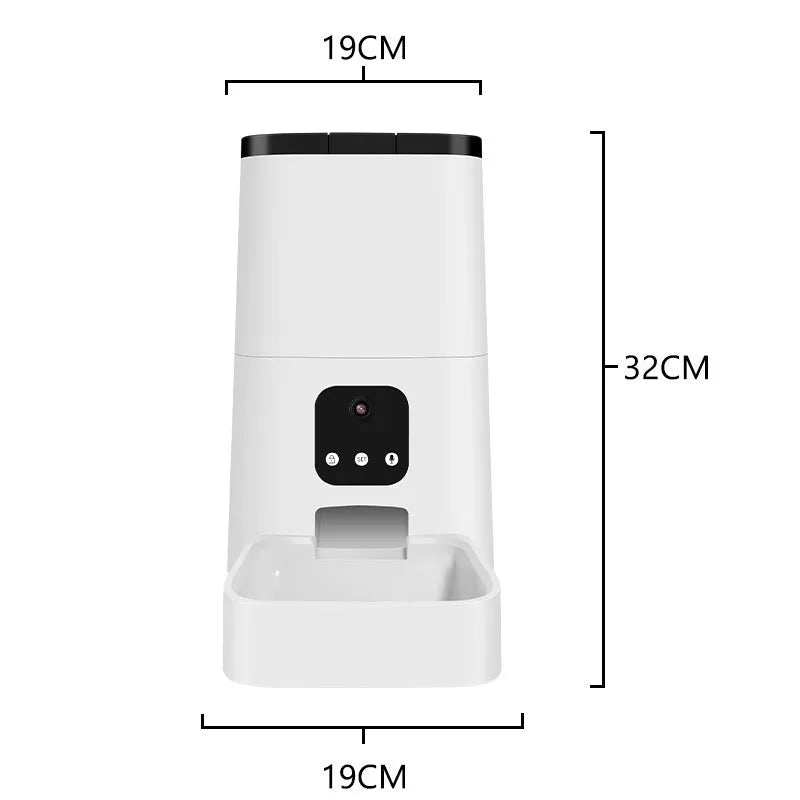 White automatic pet feeder with 5L feed bucket, app-controlled timed feeding, detachable design for dogs and cats