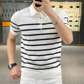 Striped V-neck knitted T-shirt in black or white with chemical fibre blend fabric