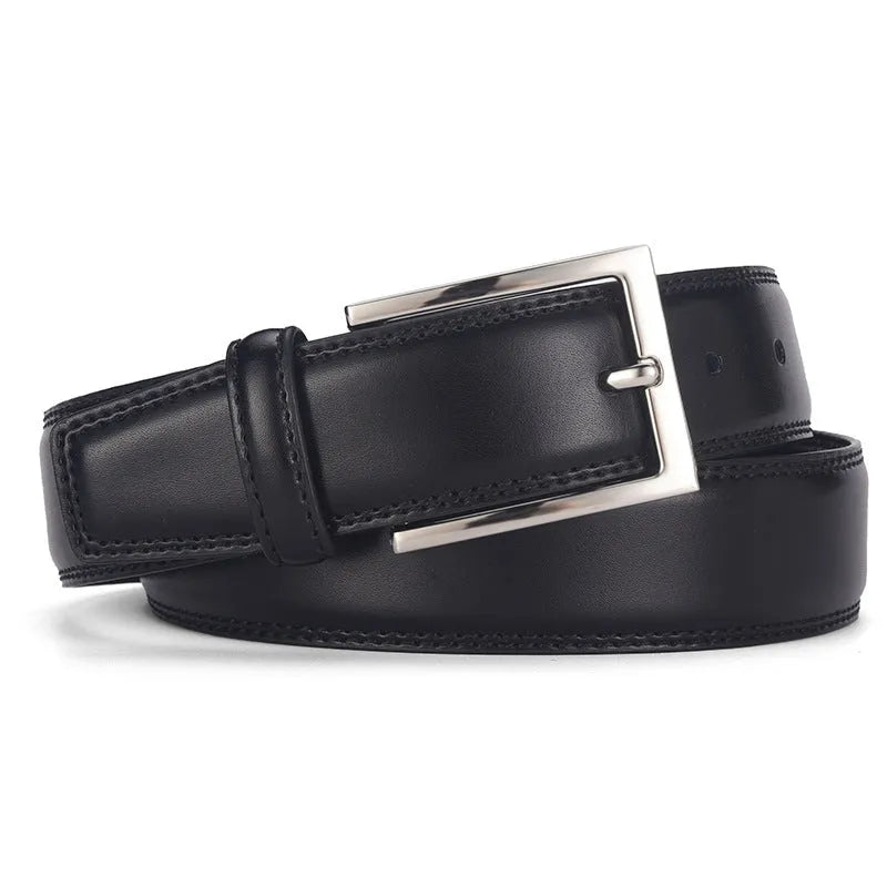 Men's black genuine leather belt with silver alloy pin buckle on a flat surface