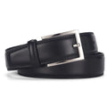 Men's black genuine leather belt with silver alloy pin buckle on a flat surface