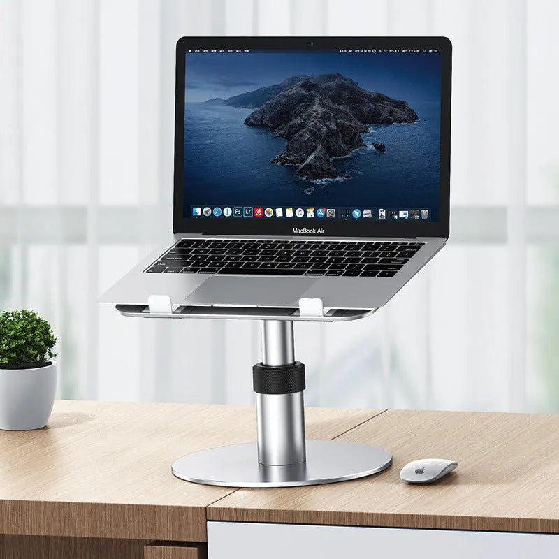 Silver aluminium car laptop stand with adjustable height and rotating base