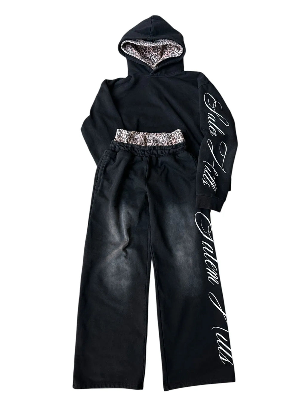 Men's punk print pullover hoodie suit set with matching pants in fleece-lined fabric