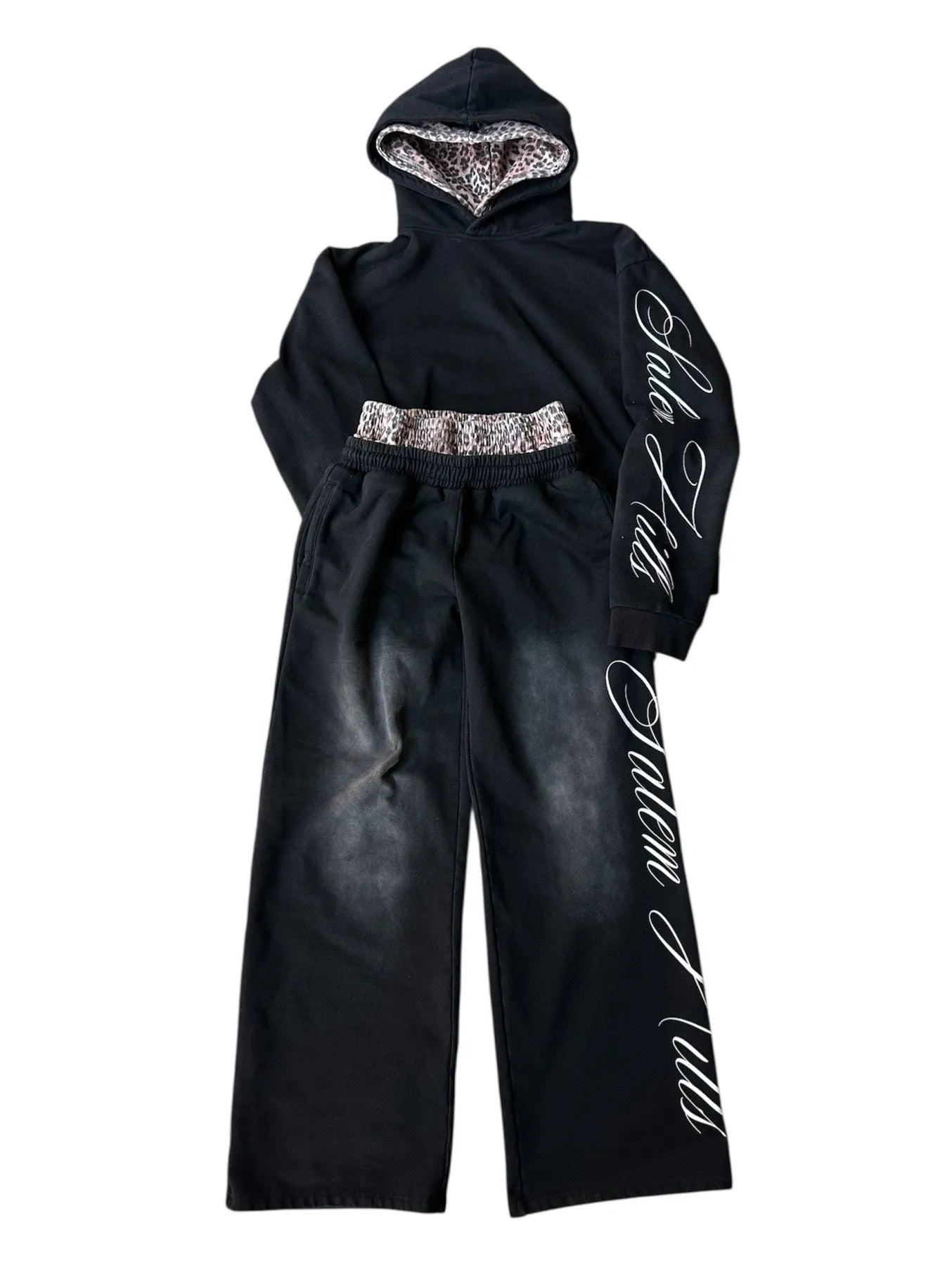 Men's punk print pullover hoodie suit set with matching pants in fleece-lined fabric