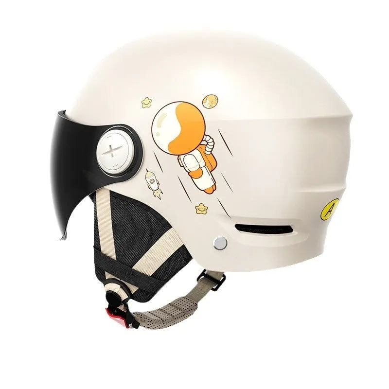 Khaki coloured ABS plastic motorcycle half helmet with a removable mirrored visor on a white background.