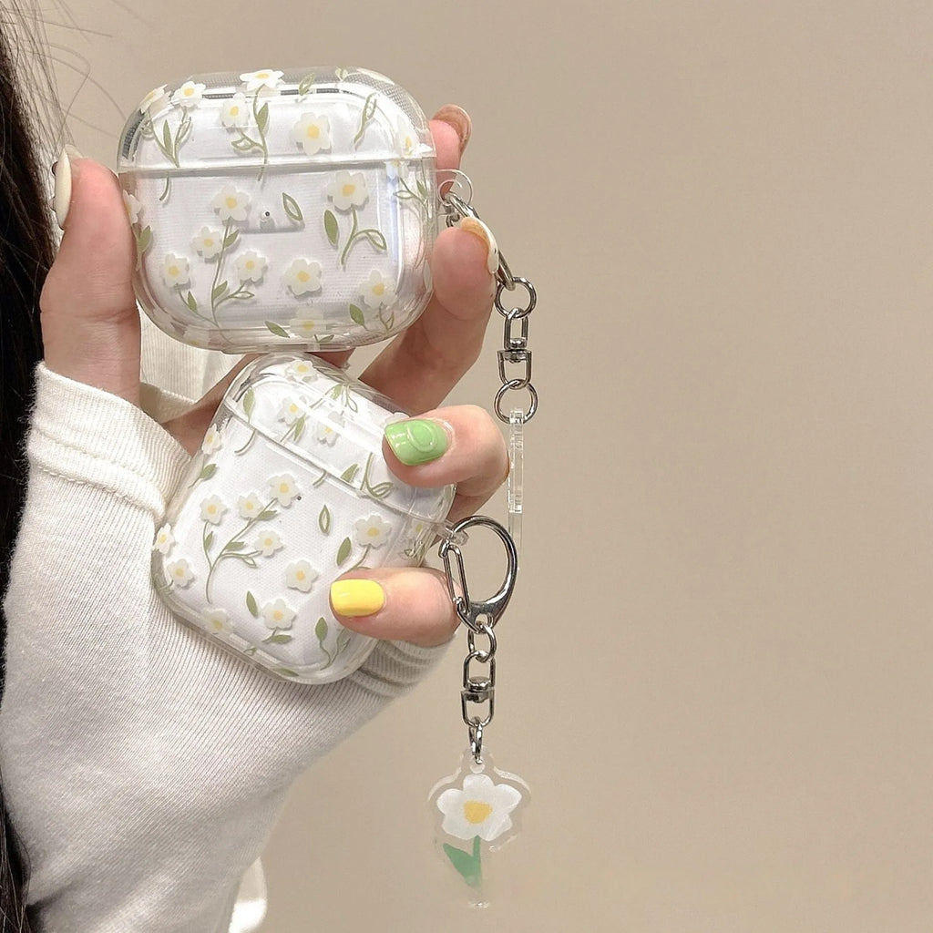 White floral patterned transparent TPU protective case for Apple AirPods headphones
