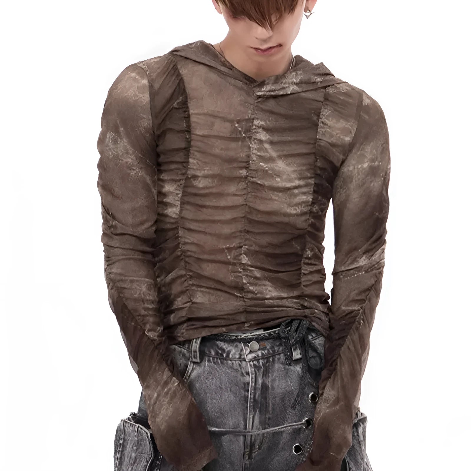 Boys lightweight ice silk bottoming shirt with printing pleating detail in polyester fabric