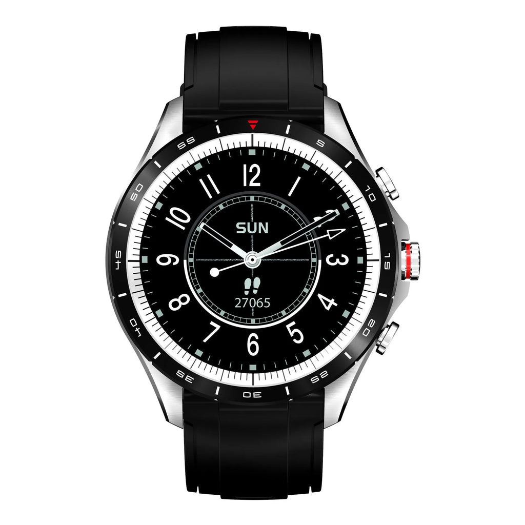 Men's black smart bracelet watch with zinc alloy screen and silicone band on a wrist.