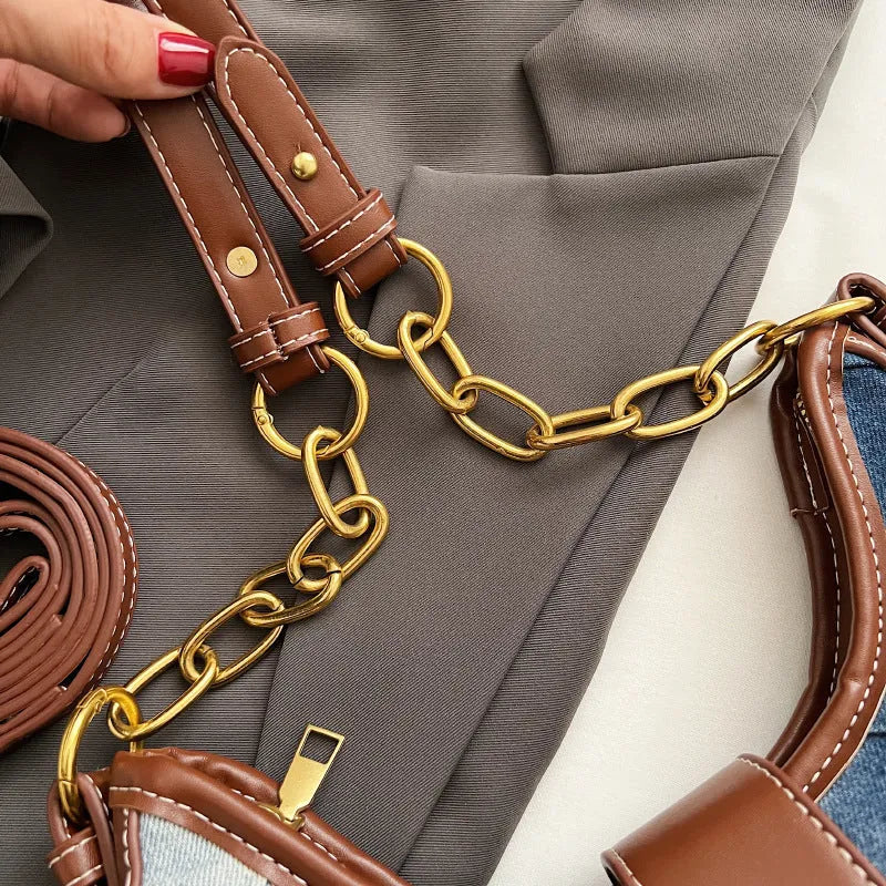 Brown denim women's shoulder bag with diamond mesh detail and bucket design
