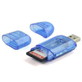 Transparent plastic USB card reader with LED light showing memory card slots