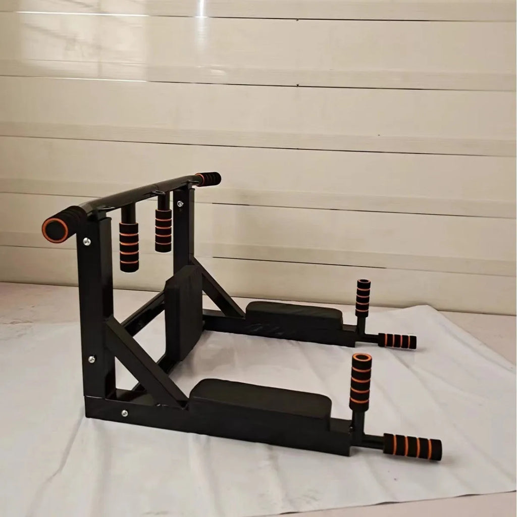 Black wall-mounted fitness equipment with a sandbag rack and single parallel pull-up bars.