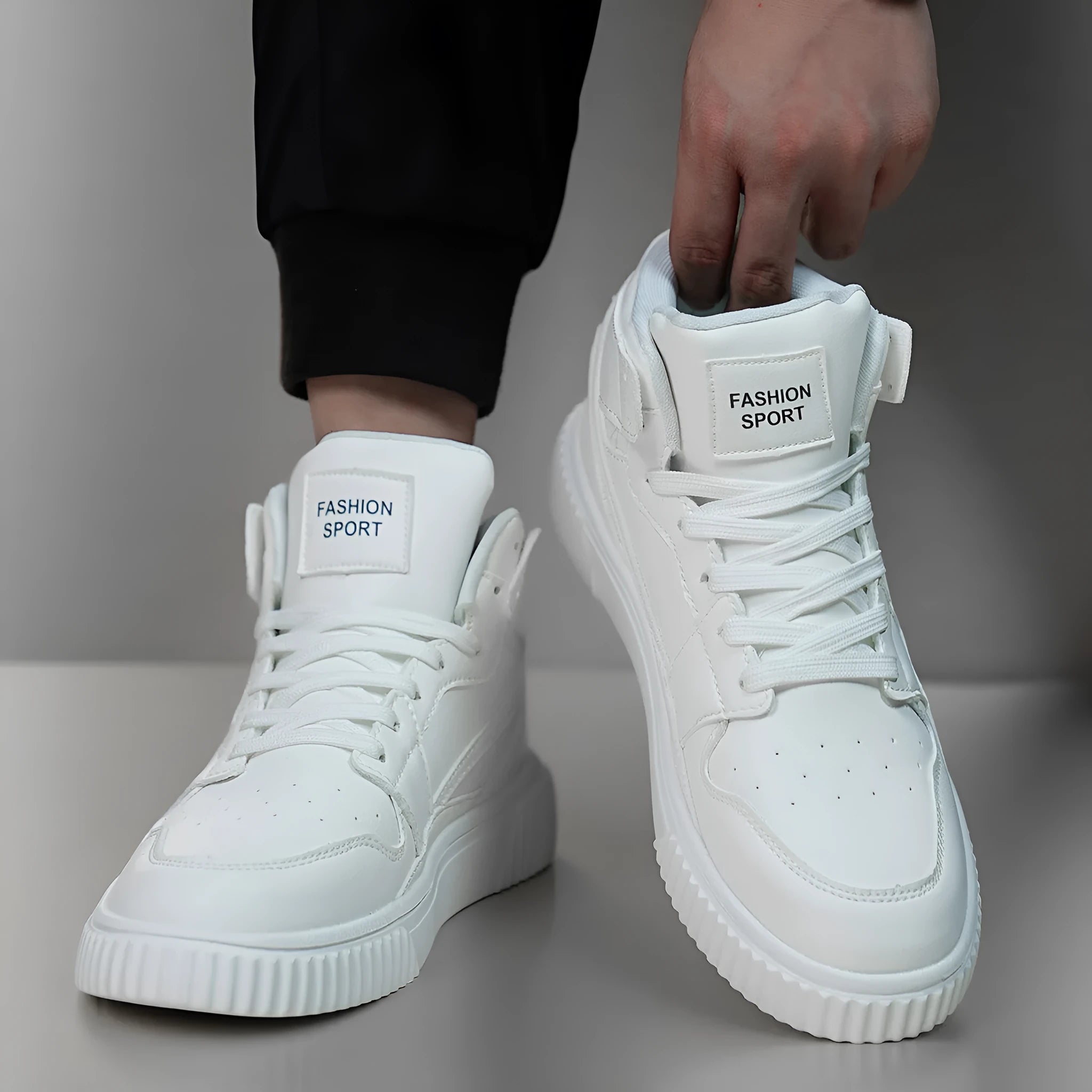 White men's casual shoes with a round toe and microfiber upper.