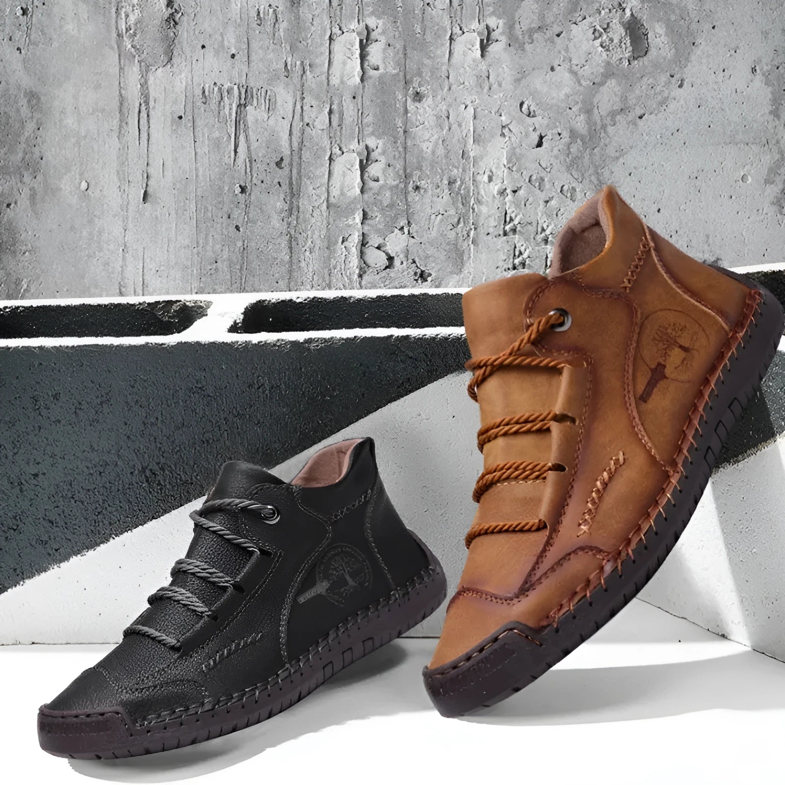 Men's brown leather high-top boots with round toe and flat rubber soles
